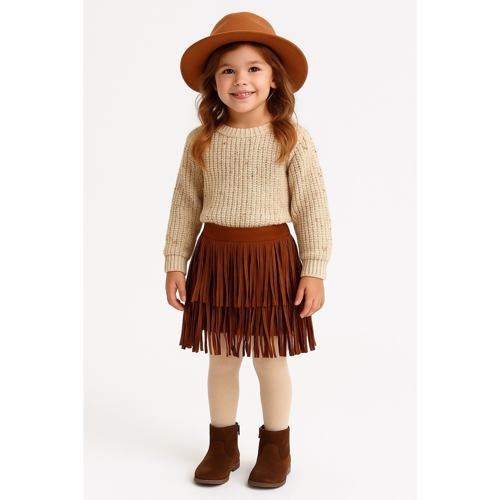 Joyfolie Skirt Girls‎ 3 Brown Faux Suede Fringe Western Festival Mini Tiered